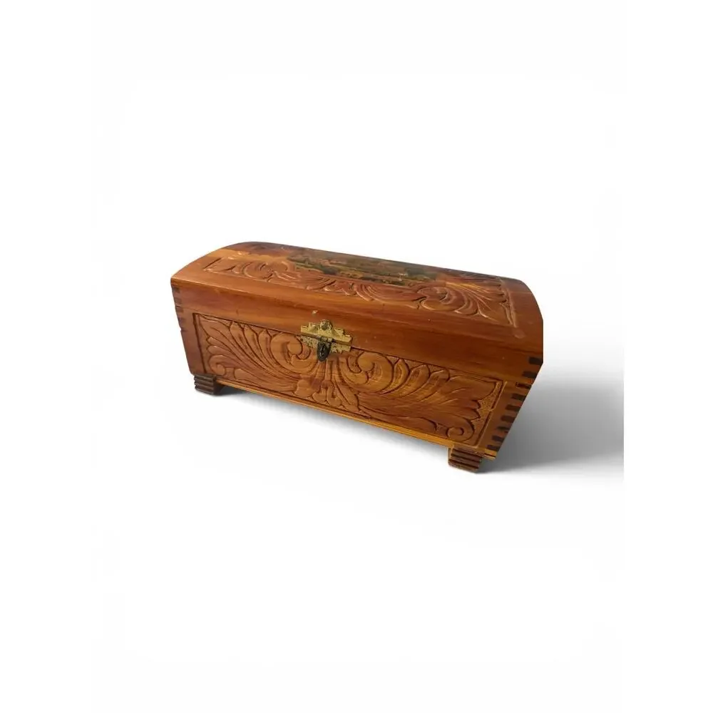 Vintage Hand Carved Cedar Trinket Jewelry Box Lot of 2 Glass Lid Wood Keepsake C